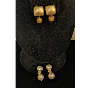 Two Pair Vintage 50s 60s Clip On Gold Tone Dangle Earrings